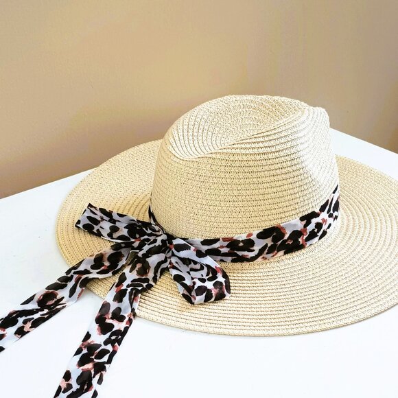 Vince Camuto Paper Straw Hat Cream with Leopard Tie Band Floppy Sun Hat - Picture 2 of 9